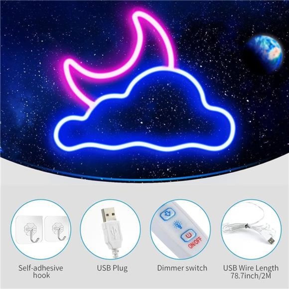 Neon Sign, Cloud and Moon for Wall Decor USB Powered Led Neon Signs for Bedroom - Picture 2 of 7
